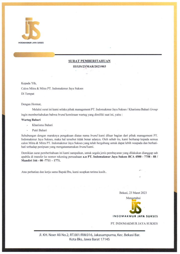 Surat Pemberitahuan Brand Warteg PT. IJS